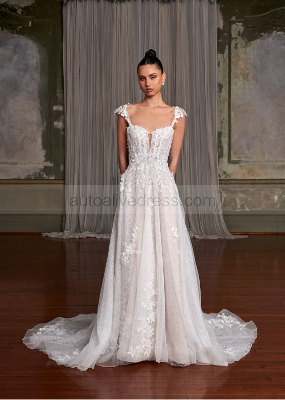 Beaded Ivory Lace Tulle Floral Wedding Dress With Detachable Cap Sleeves